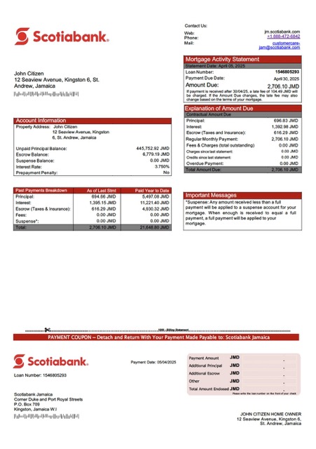 Download Jamaica Scotiabank mortgage statement Word and PDF template Photoshop template